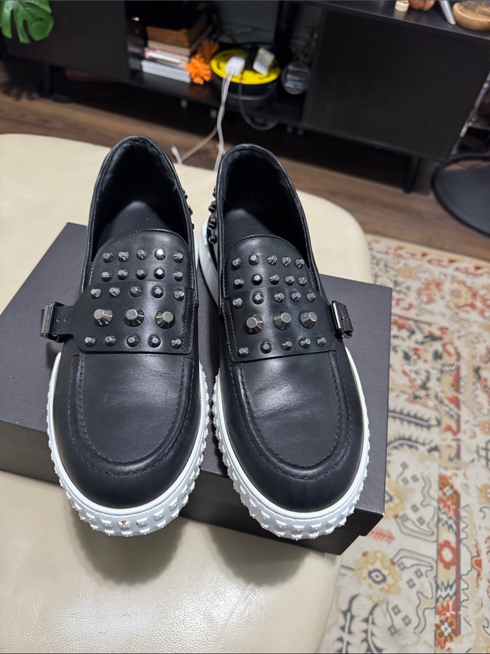 Black Studded Leather Slip-On Sneakers with White Lug Sole - Men - Picture 6 of 7